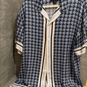 Banana Republic Blue and White Geometric 100% Silk Shirt